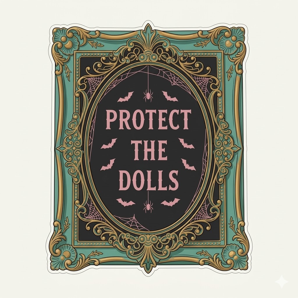 Eine im Gothic-Stil gehaltene Illustration auf schwarzem Hintergrund. Im Zentrum ist ein ornamentaler, ovaler Spiegelrahmen zu sehen. Im Inneren des Rahmens steht der englische Text "PROTECT THE DOLLS" in einer hellen, leicht leuchtenden Schrift. Das Design ist mit fliegenden Fledermäusen und kleinen Spinnen an Spinnweben verziert.
