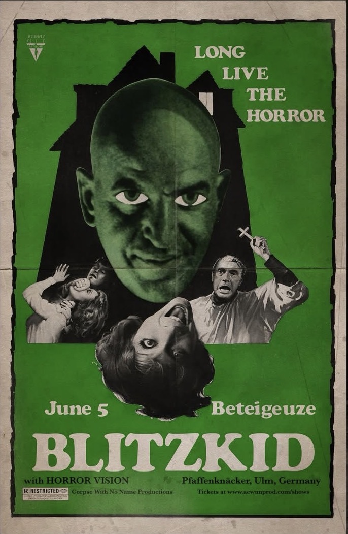 Plakat für in Grün für eine Horror Punk Band namens Blitzkid ⚡️👦 Das Plakat bewirbt den Auftritt am 6. Juni 2026 im Beteigeuze in Ulm