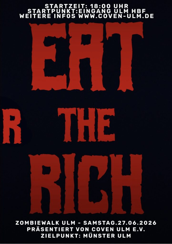 Schwarzer Flyer mit Roter Schrift der "EAT the RICH" Datum 27.06.2026 Start 18:00 Uhr